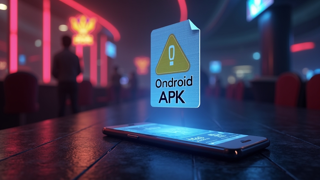 Arquivo APK ao lado de um celular em ambiente de cassino escuro