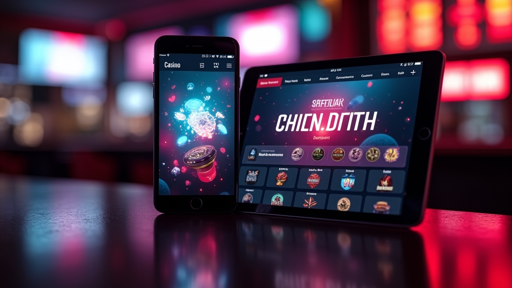 Celular e tablet com interface responsiva de cassino em ambiente escuro