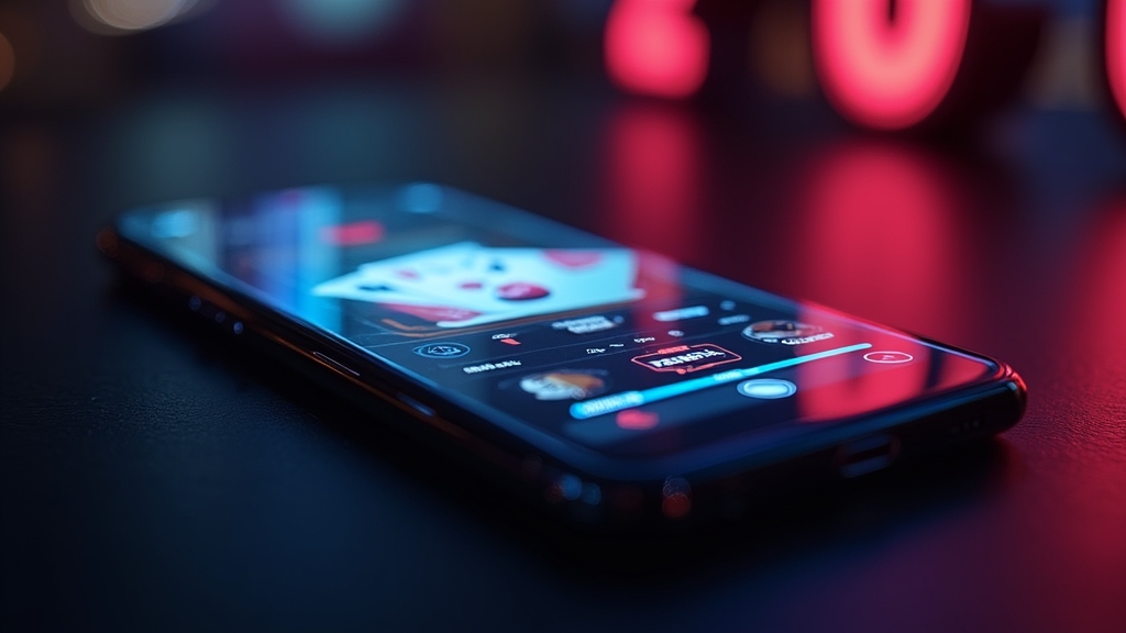 Celular exibindo interface de jogo em ambiente de cassino escuro
